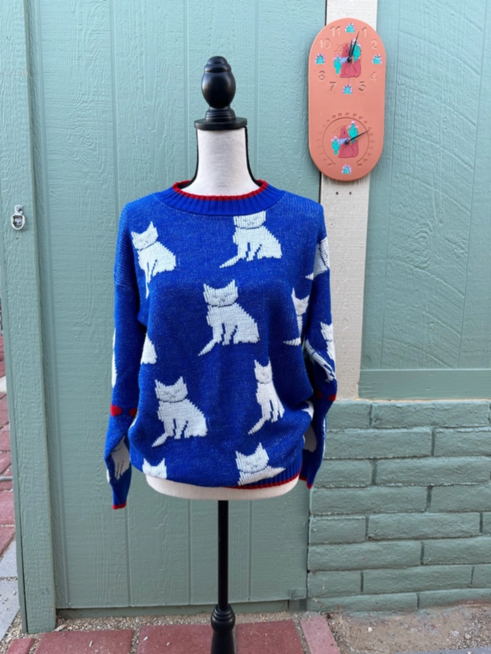 Vintage 80s Cats & Hearts Sweater: Blue Lurex Knit Top EIGHTIES Pussies